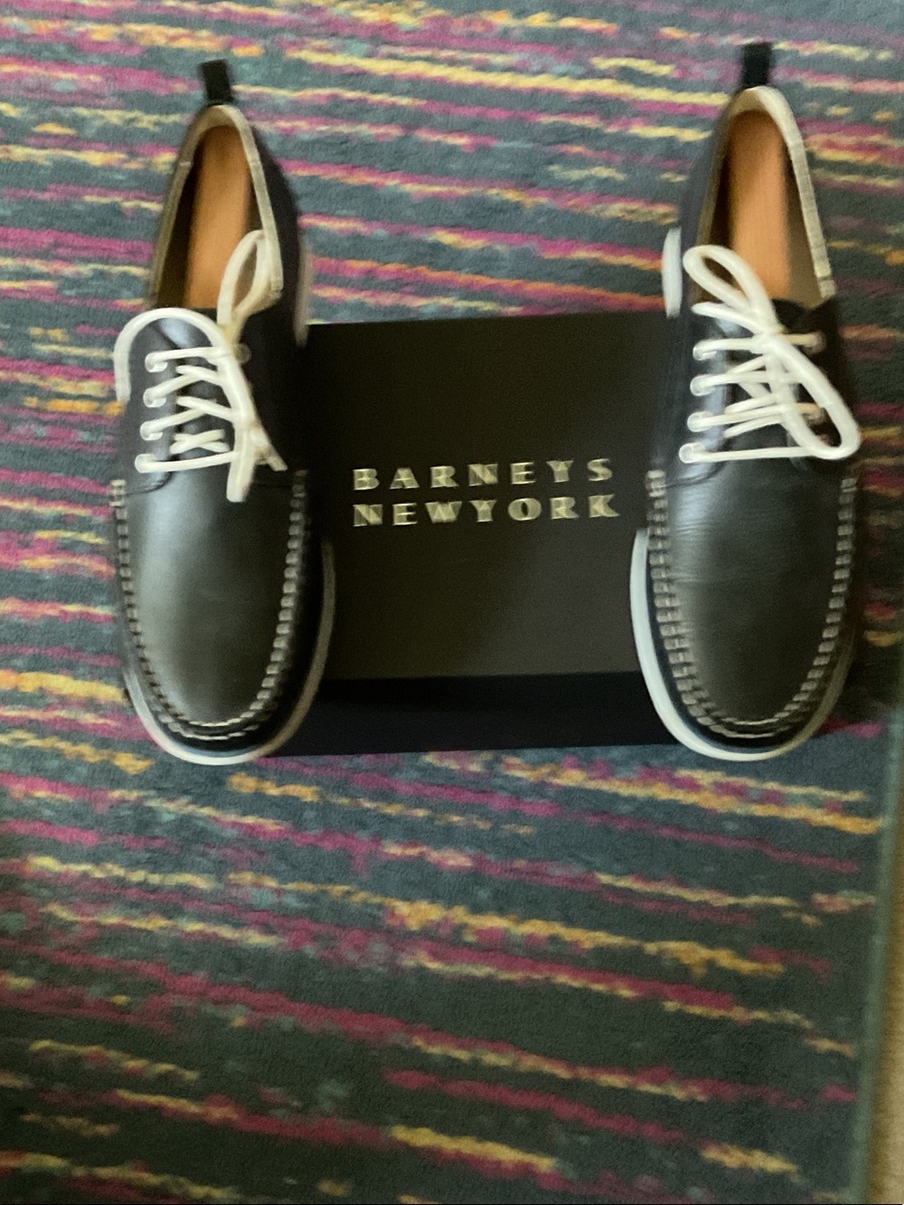 Barneys New York Black Leather Boat Shoes with White Laces